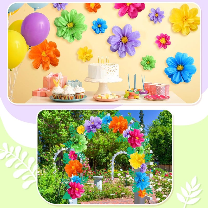 Geyee 12 Pcs 10" 20" Giant Mexican Fiesta Paper Flowers and 16 Pcs Leaves, Large Colorful Tissue Crepe Flowers Pom Poms Craft for Floral Backdrop Day of The Dead Birthday Party Decor(Cute Color) - Image 5